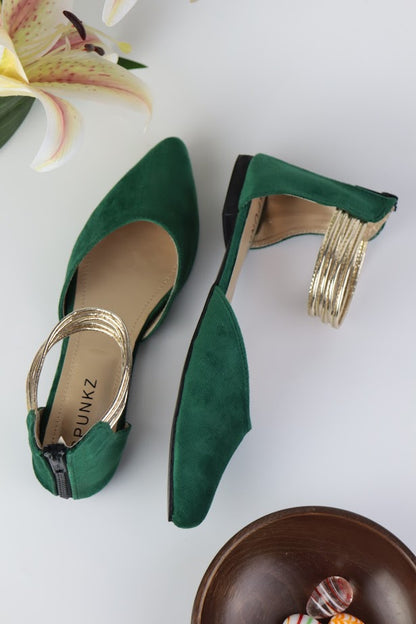 Eva Green Suede Metallic Detail Ankle Strap Pumps - Spunkz