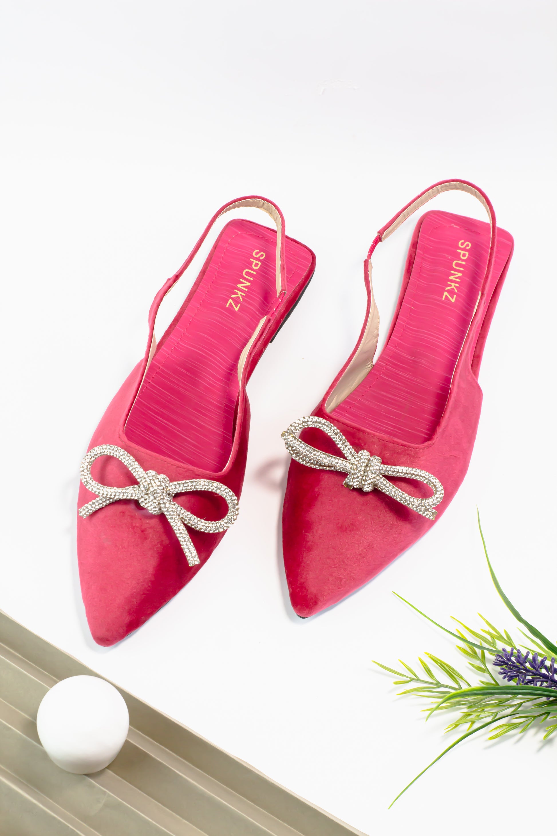 Cherry Pink Gem-Embellished Bow-Tie Slingback Flats - Spunkz