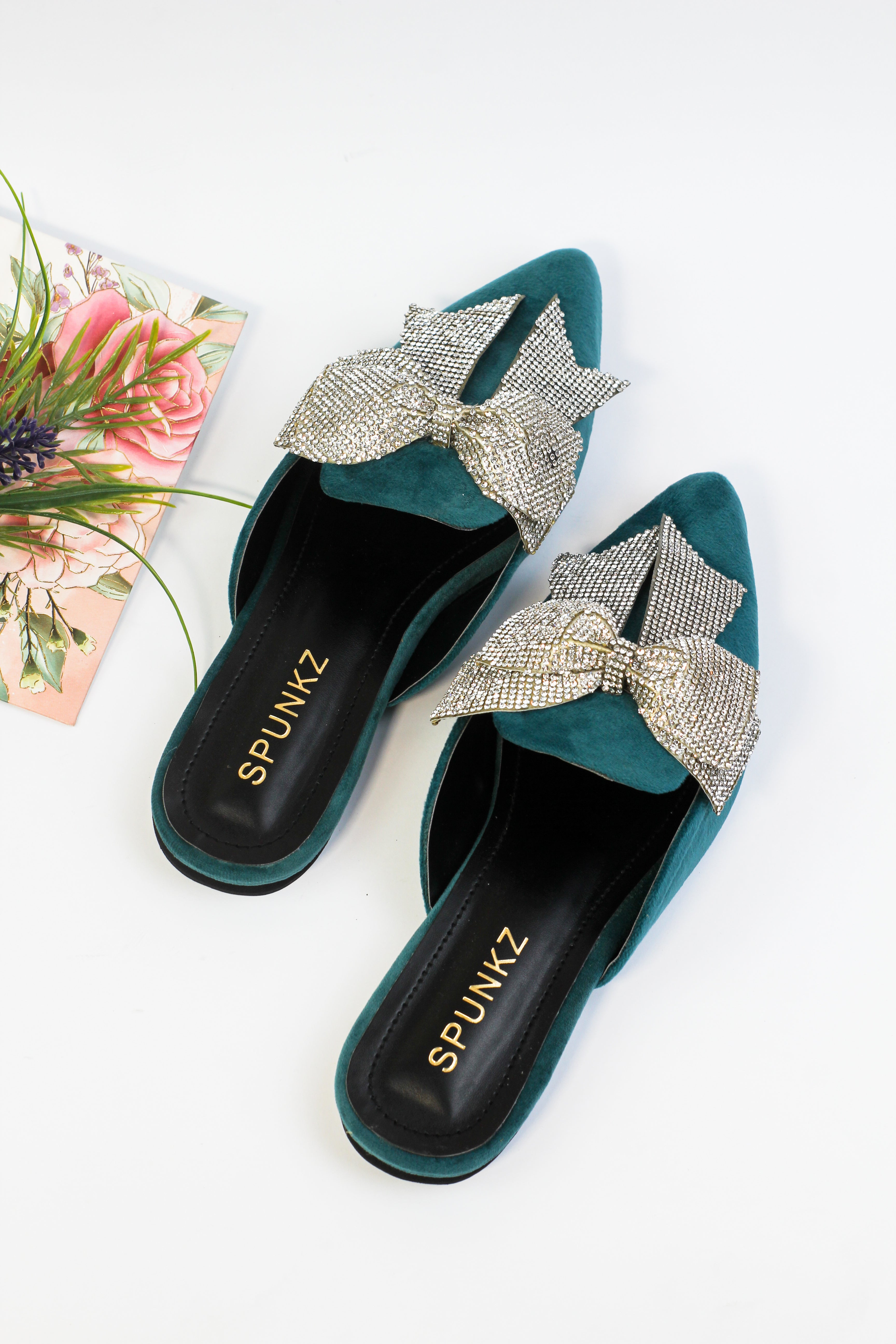 Nile Rhinestone Bow Aqua Pointed Toe Flat Mules Spunkz