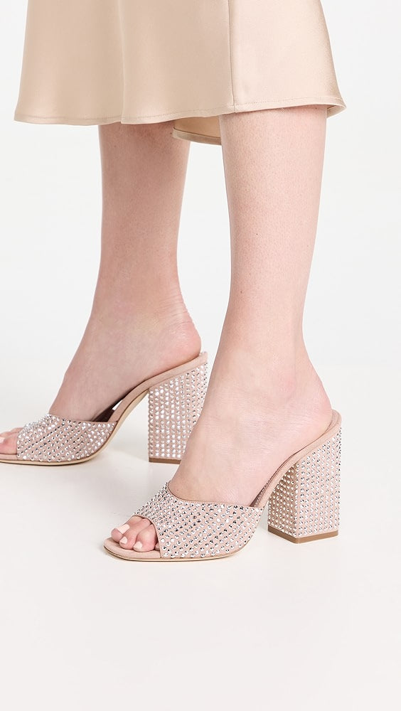 Anja Beige Leather Holly Crystal-Embellished Mules - Spunkz