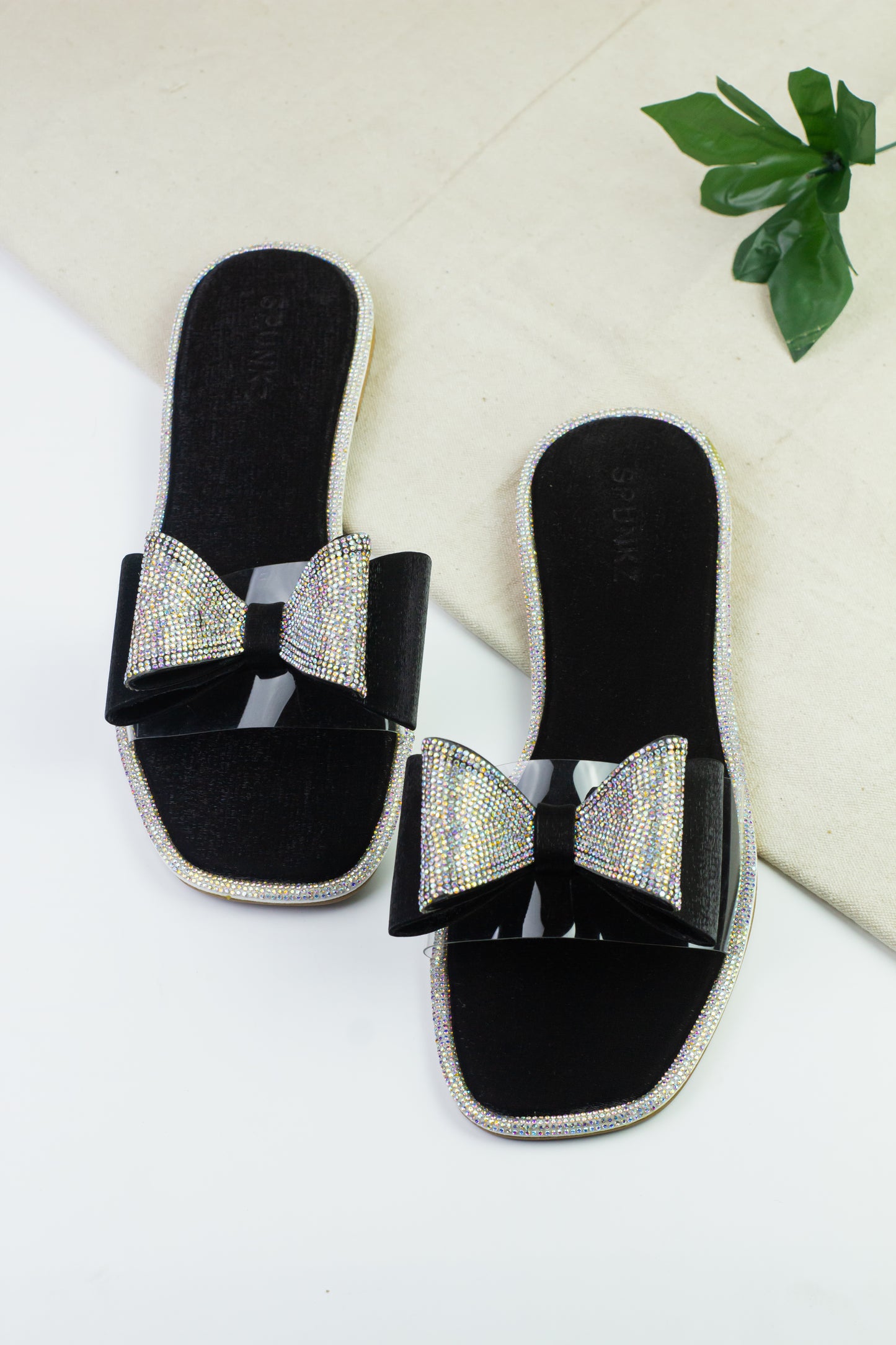 Spunkz Black Shimmery Diamanté Bow Flat Slides For Women - Spunkz