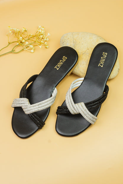 Spunkz Silver and Black Diamante Knot Strappy Flats Slides - Spunkz