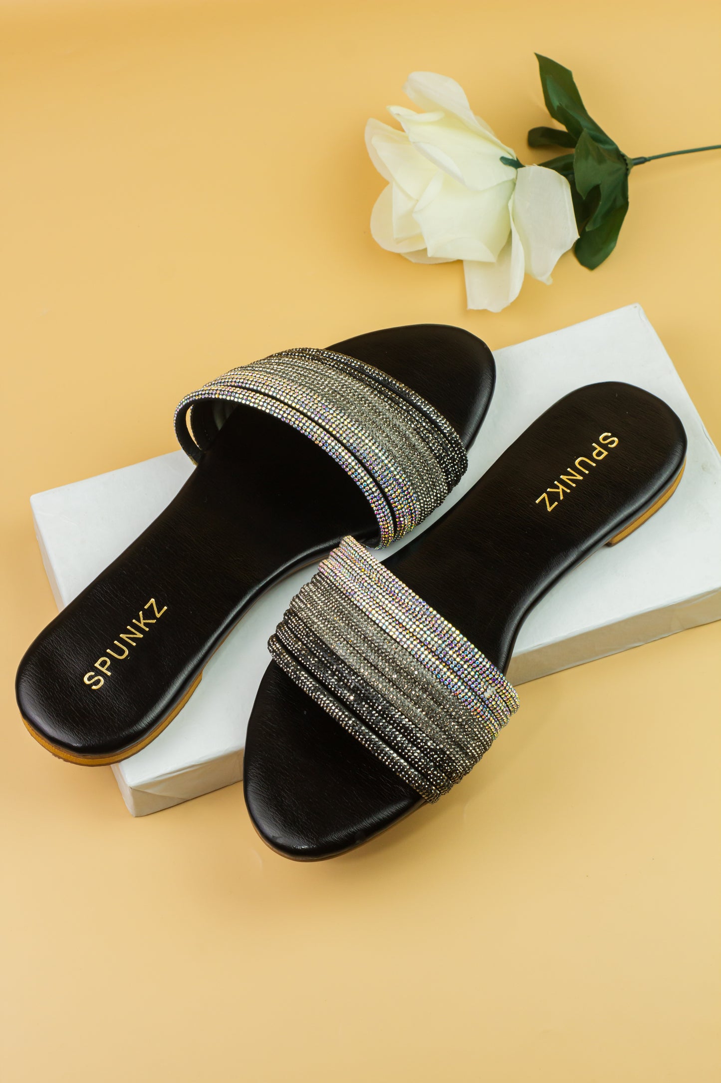 Spunkz Black and Silver Shiny Diamante Embellished Mash Flat Slippers - Spunkz