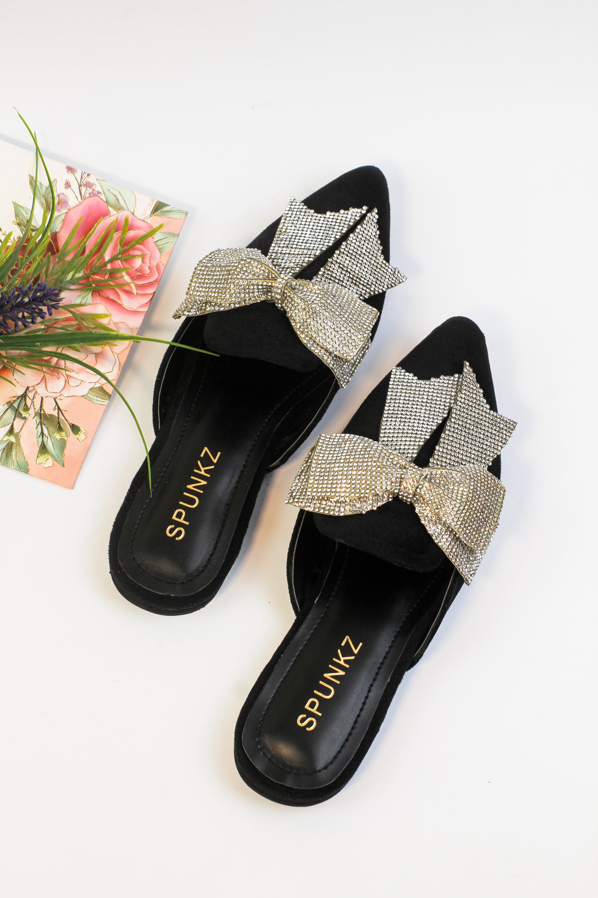 Trista Black Embellished Bow Velvet Mules - Spunkz