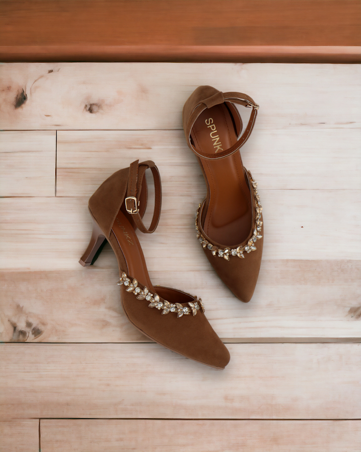 Brown Petal Flowers Studded Ankle Strap leather Heels - Spunkz