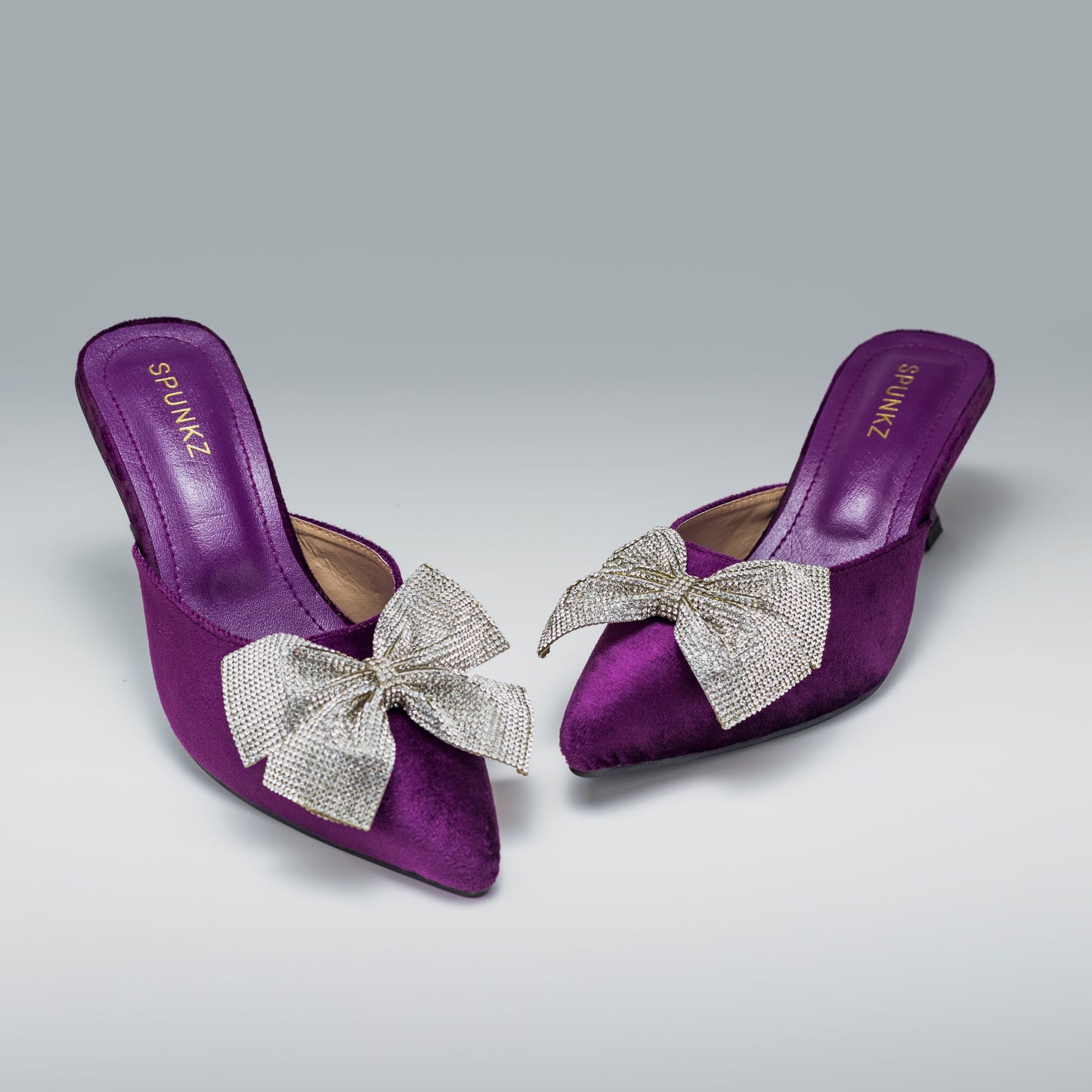 Emma Rhinestones Bow Purple Velvet Mules - Spunkz