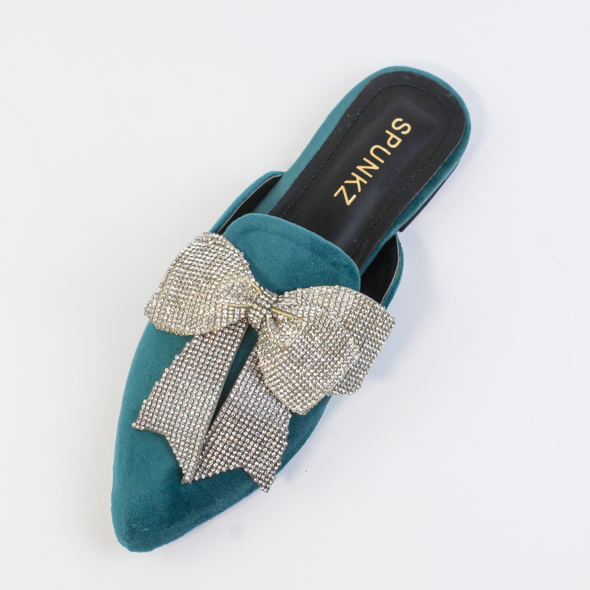 Nile Rhinestone Bow Aqua Pointed Toe Flat Mules - Spunkz