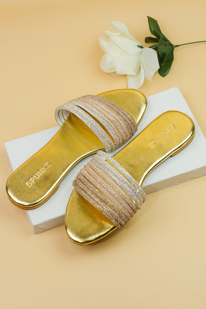 Spunkz Golden Diamante Embellished Shiny Mash Flat Slippers - Spunkz