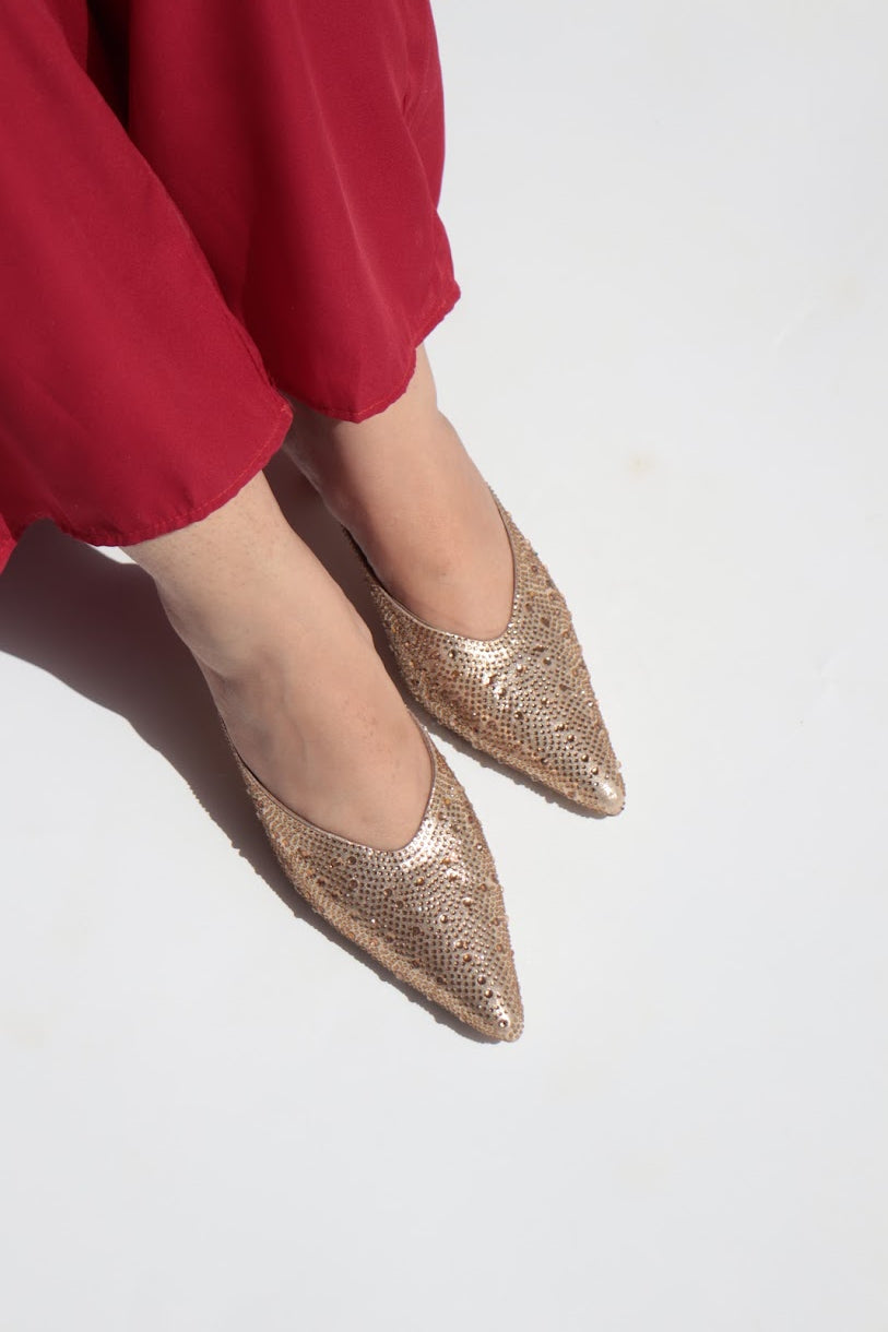 Crystal Sequins Gold Embellished Pointed Shallow Diamond Suede Mules - Spunkz