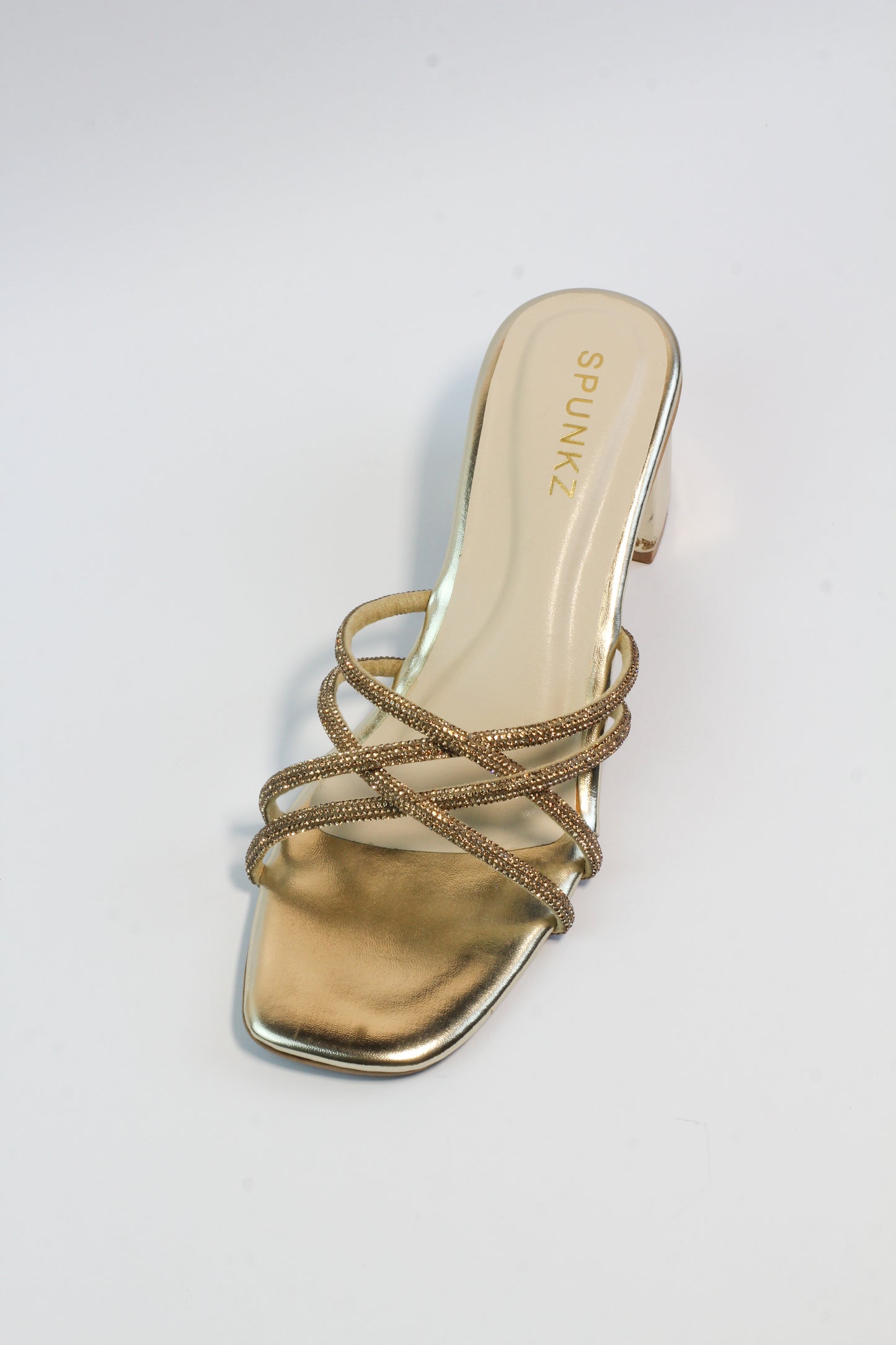 Alba Golden Rhinestone Cross Chained Strap Block Heel Sandals - Spunkz