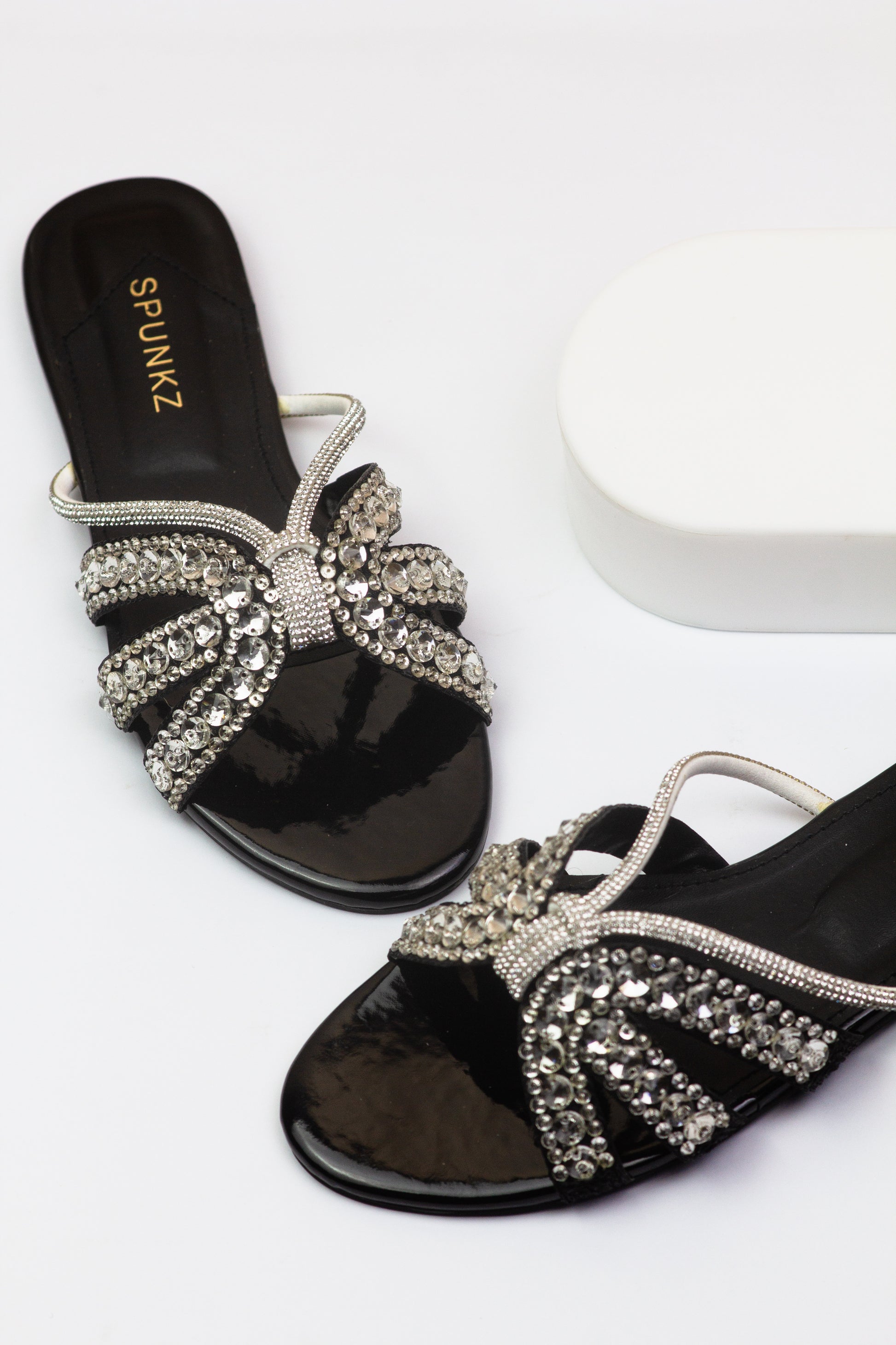 Kali Sequin Decor Crystal Embellished Black Flat Slides - Spunkz