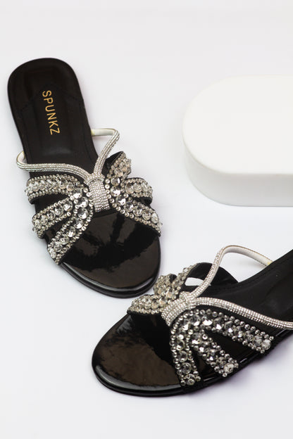 Kali Sequin Decor Crystal Embellished Black Flat Slides - Spunkz