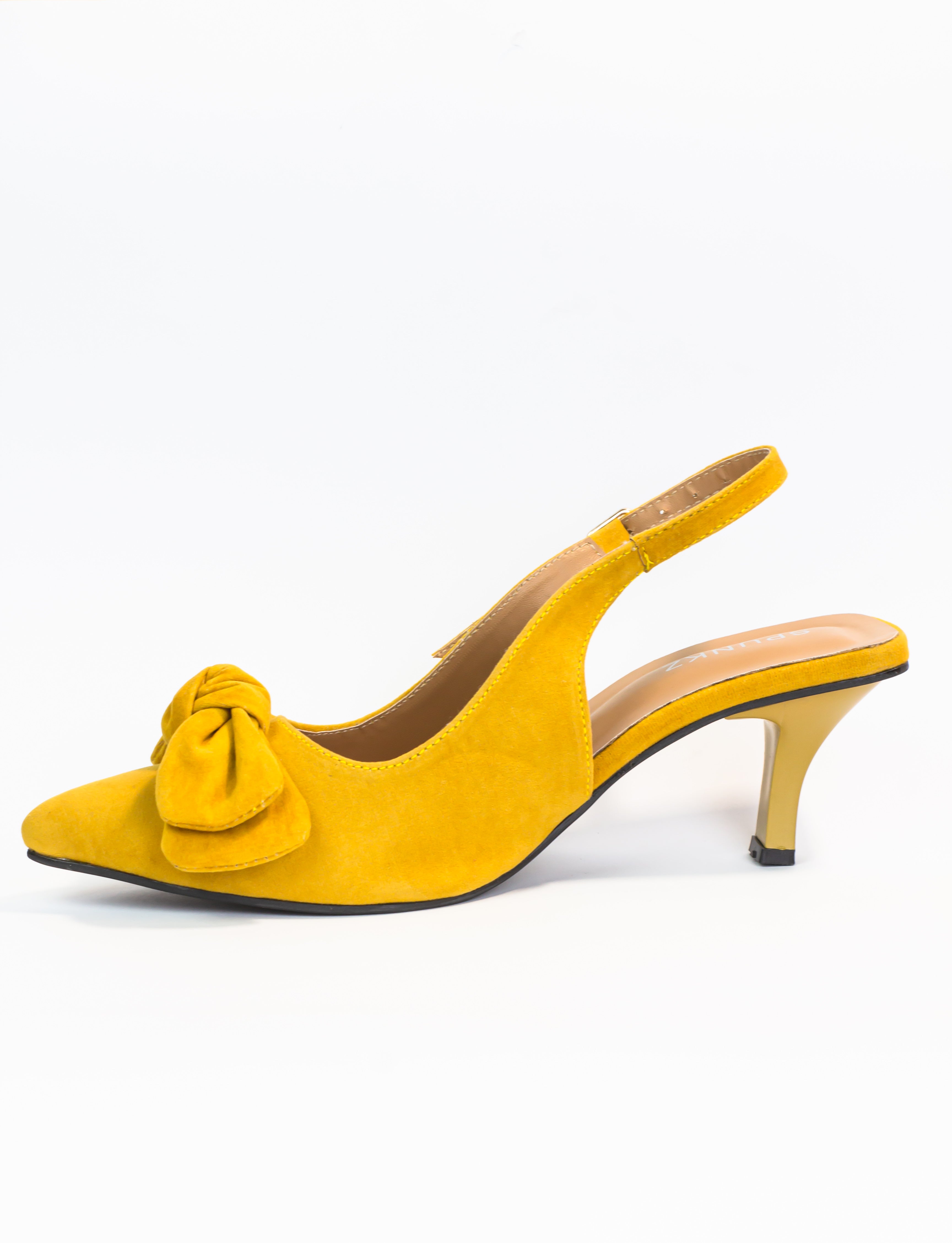 Melina Mustard Flower Bow Slingback Heels Pointed Toe Kitten Heel Spunkz