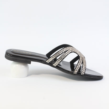 Mila Black Double Strap Crystal Embellished Flat Slides - Spunkz