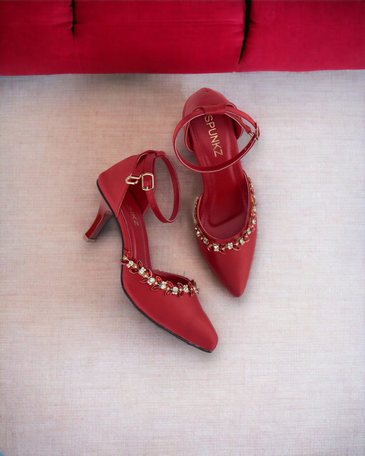 Red Petal Crystal Flowers Studded Pointed Toe Satin Heels - Spunkz