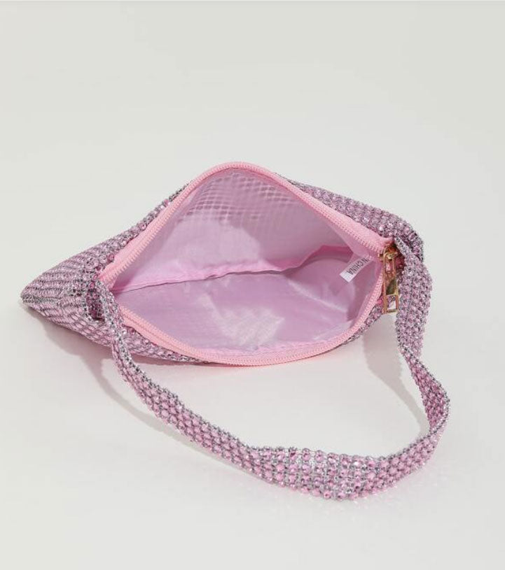 Pink Clutch Bag with Rhinestone Strap - Spunkz