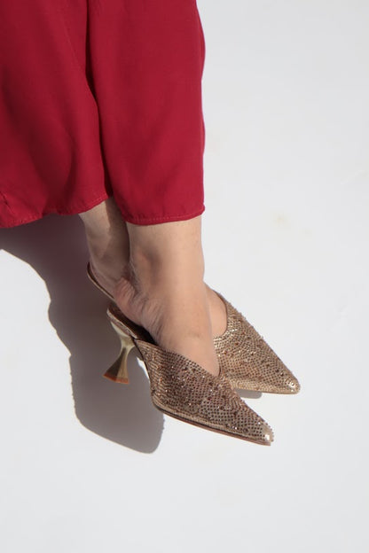 Crystal Sequins Gold Embellished Pointed Shallow Diamond Suede Mules - Spunkz