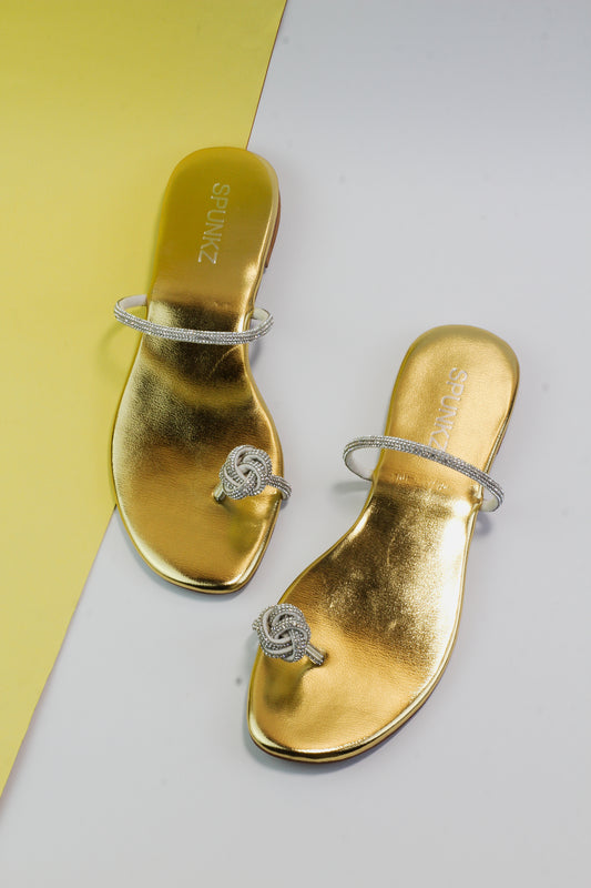 Cyra Shiny Gold Sparkly Twist Knotted Toe Ring Flat Slides - Spunkz