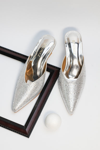 Spunkz Silver Shiny Crystal Stones Pointed Toe Mules - Spunkz