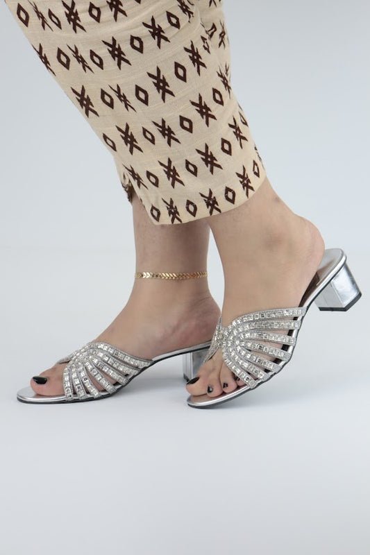 Stacy Silver Stone Rhinestone Embellishment Block Heel - Spunkz