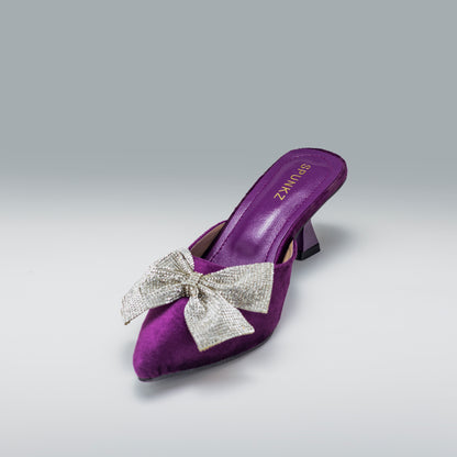 Emma Rhinestones Bow Purple Velvet Mules - Spunkz