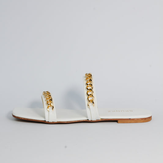 Ziva Square Toe Double Straps Metal Chain Flat Slippers - Spunkz