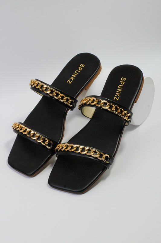 Ziva Black Stone Chain Embellished Square Toe Flat Sandals