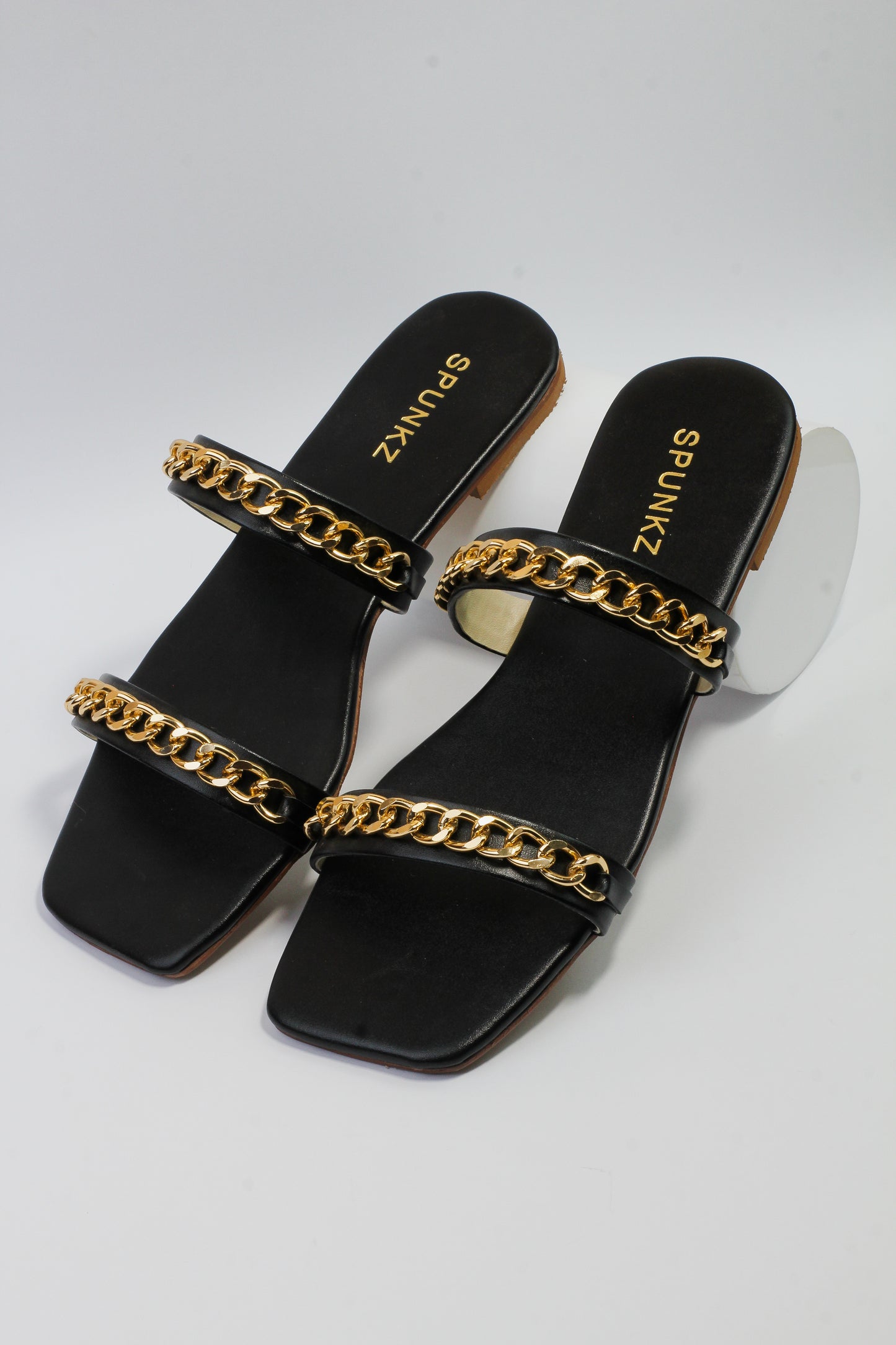 Ziva Black Stone Chain Embellished Square Toe Flat Sandals - Spunkz