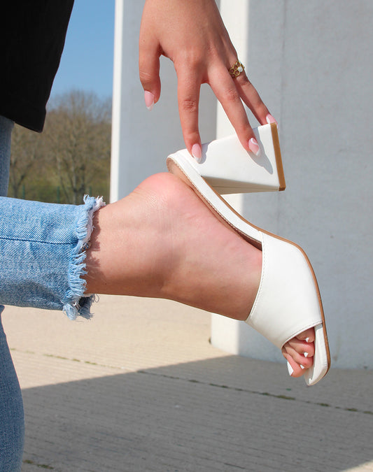 White Matte Leatherette Square Toe Slip-On Heels
