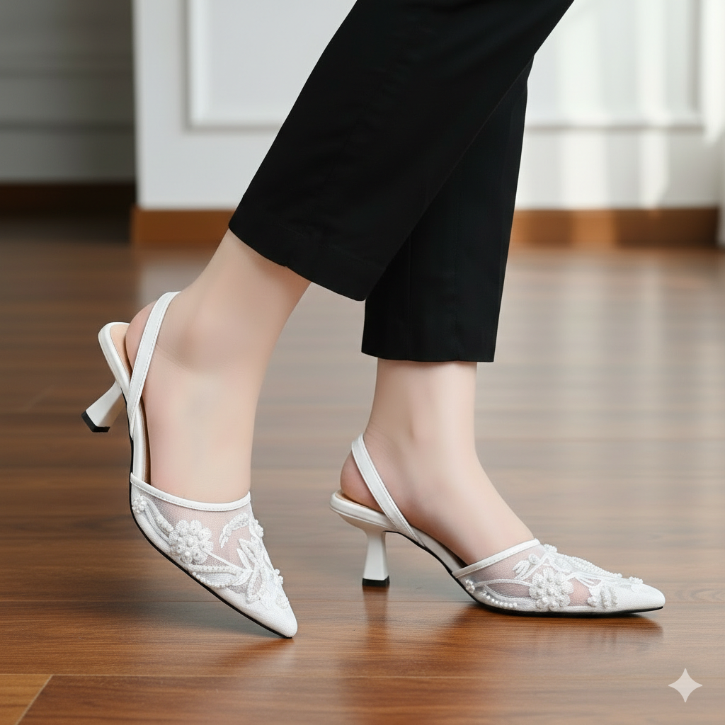 White Embellished Mesh Heels