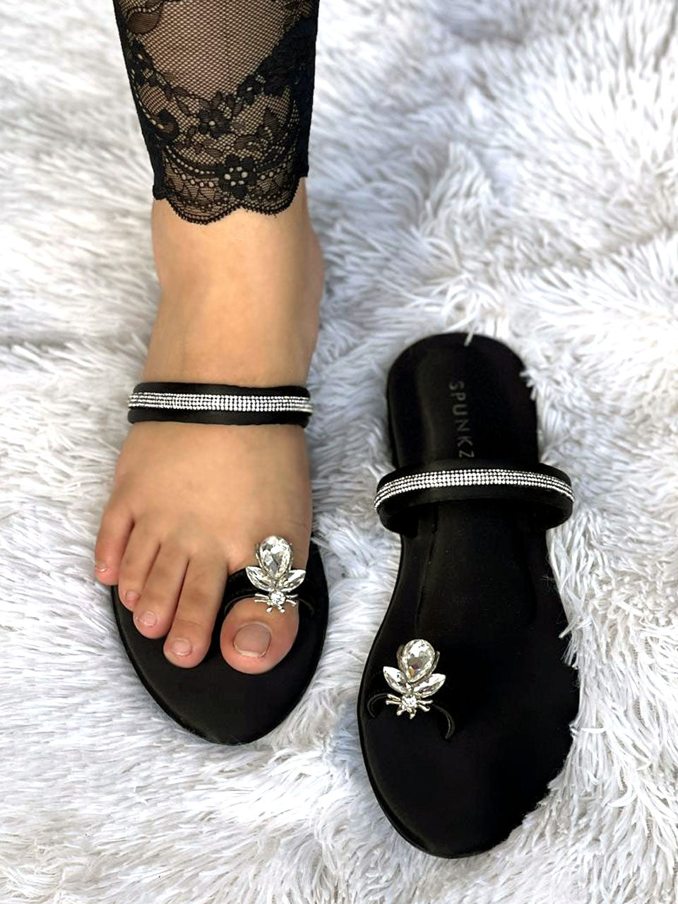 Spunkz Metallic Black Rhinestone Strap Bee Flats - Spunkz