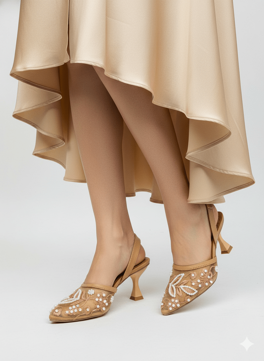 Nude Embellished Mesh Heels - Spunkz