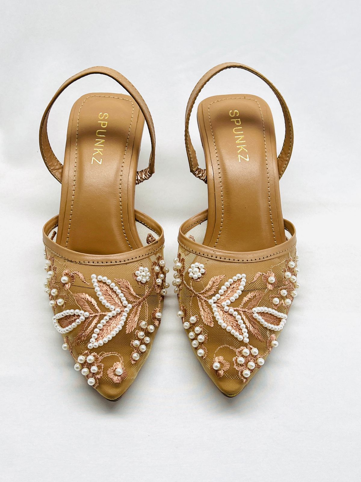 Nude Embellished Mesh Heels - Spunkz