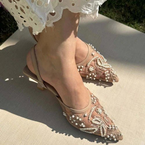 Nude Embellished Mesh Heels - Spunkz